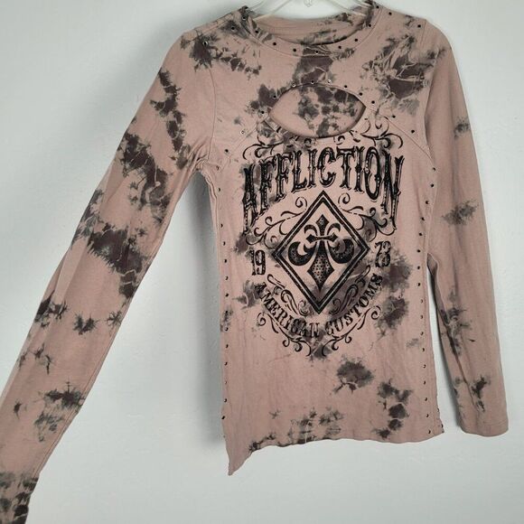 Affliction American Customs Harlow Long Sleeve Top Cutout Studded Tan Size M - Picture 10 of 12